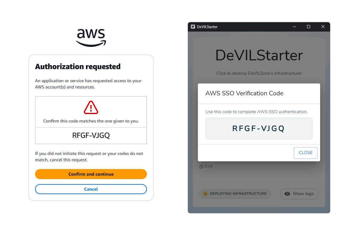 AWS login screen showing same code as DeVILStarter