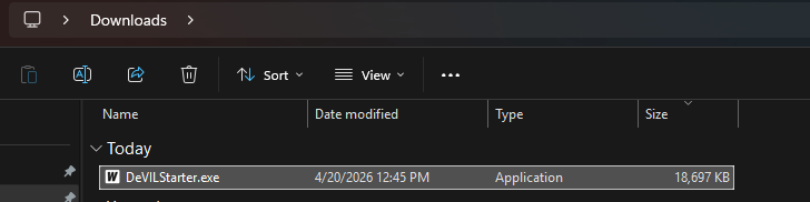 Screenshot showing location of DeVILStarter.exe on Windows