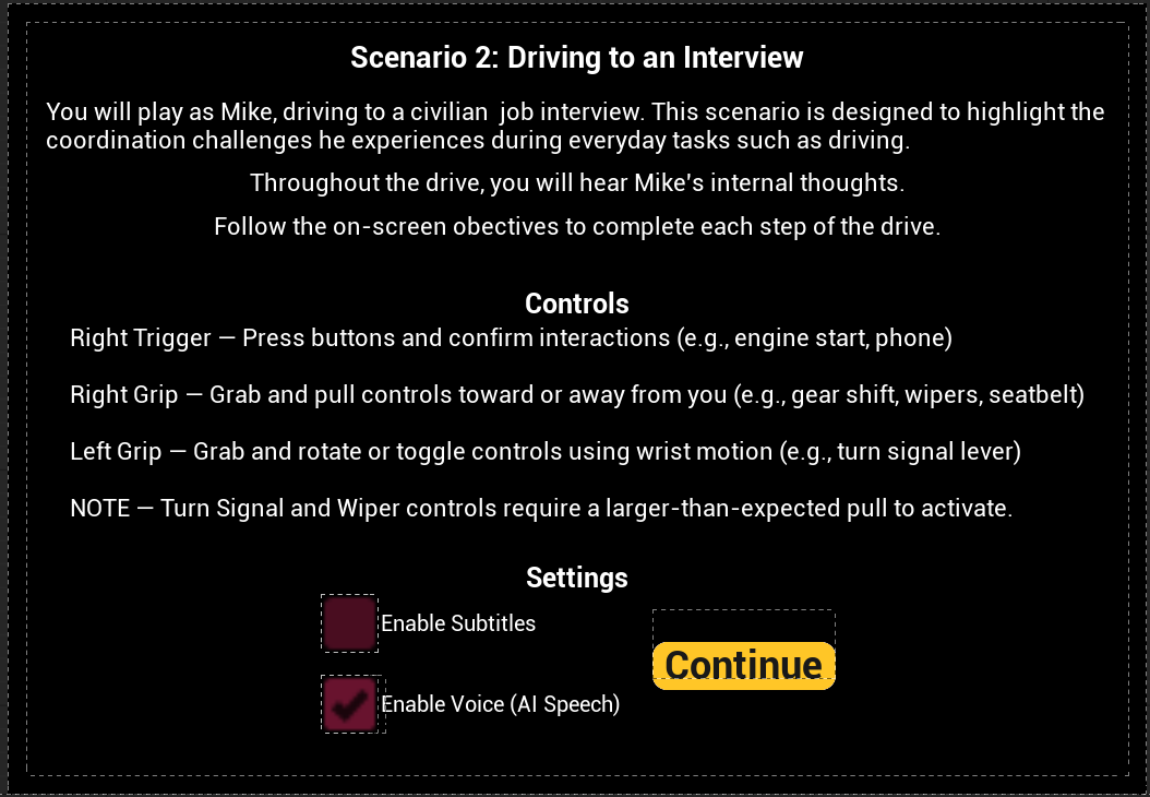 Scenario 2 Controls and Settings Screen
